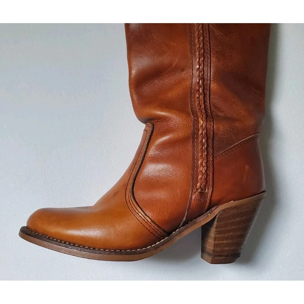 Vtg 70s Dexter Leather Knee High Boots Womens Sz 5 M Brown Weave Made In USA
